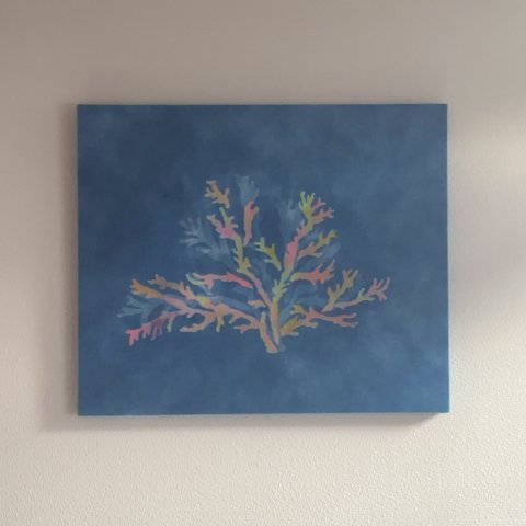 送料無料　"虹色の珊瑚"　藍染ファブリックアート 型摺り染 絞り染め