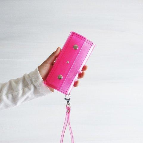『スケルトン』ピンク　クリアiPhoneケース　透明手帳型スマートフォンケース 