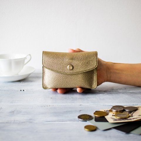 イタリアレザー財布 手に馴染むふっくらコンパクト財布【ゴールド】