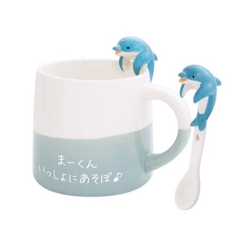 【名入れ】可愛いマグカップと陶器製のスプーンのセット まりんマグ＆スプーン イルカ