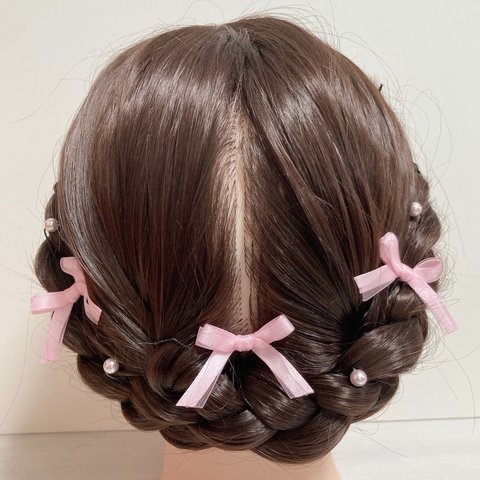 【Uピン】サテン×オーガンジーりぼんとパールの髪飾り薄ピンク