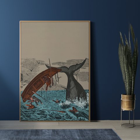 【NO.73】鯨と船が転覆して慌てる人たちのヴィンテージアートポスター☆海マリンボートインテリアイラスト個性的モダン★ハガキ2L判A5A4A3A2A1B5B4B3B2