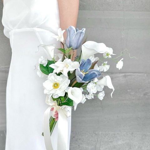 ブルーチューリップ♪ウェディングブーケ  ブートニア付き アーティフィシャルフラワー 造花 造花ブーケ 花束 結婚式 ブライダルブーケ