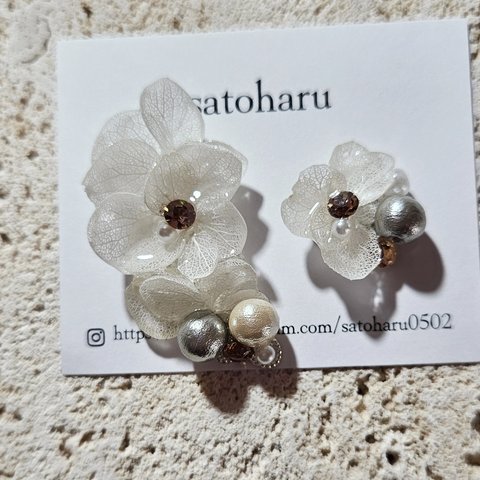 コットンパールと紫陽花イヤーカフ&ピアス