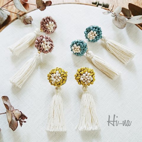 夏の庭  フラワー刺繍&タッセル イヤリング