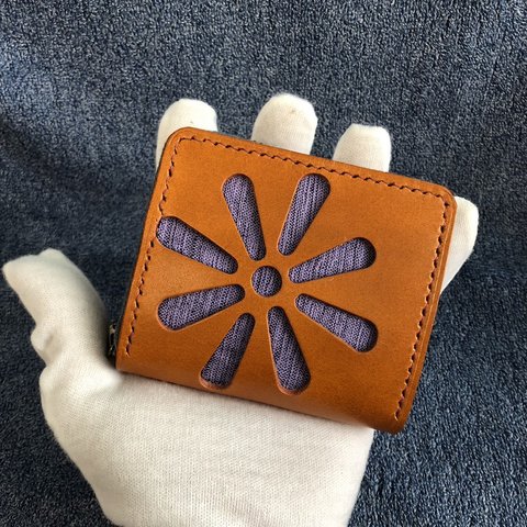 革　ミニ財布　カードケース　久留米絣織物　ラウンドファスナー　キャメル