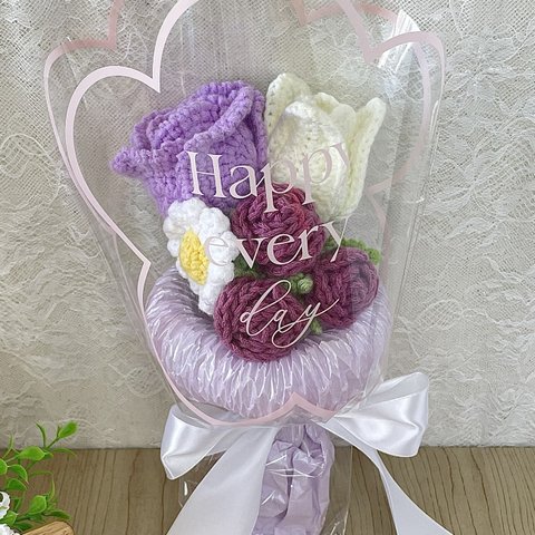 《編み花束》バラ＆チューリップ（紫）