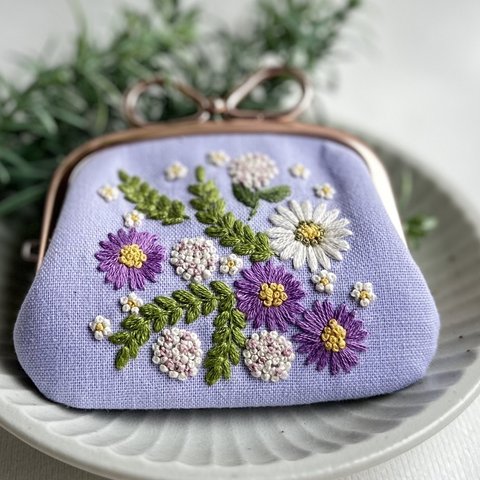 手刺繍お花のリボン口金がま口　母の日