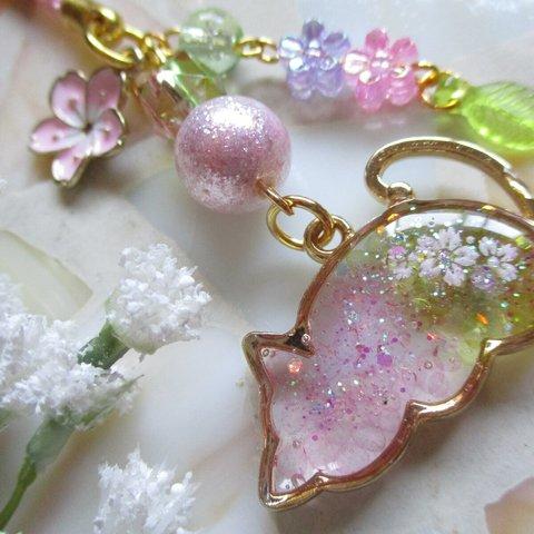 ◇2576再販４ 🌸小春日和　桜猫のうたた寝　ストラップ・バックチャーム🐈🌸 