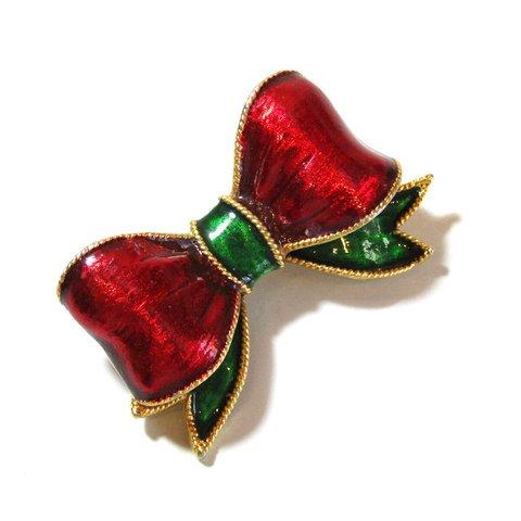 80s Enamel Christmas Ribbon Brooch