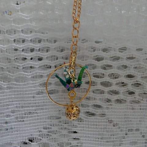 和紙　鶴のネックレス　緑×ミラーボール