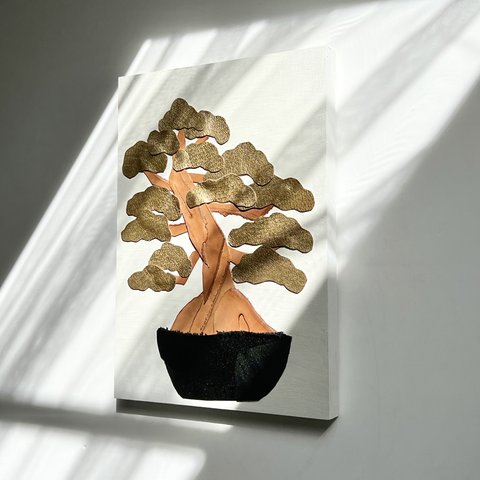 レザーのコラージュアート（盆栽） A4サイズ 木製パネル 原画