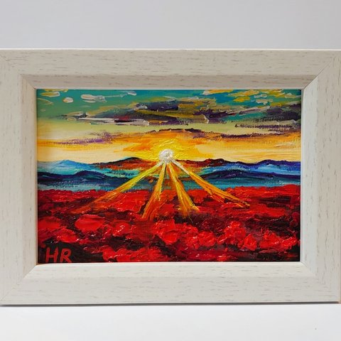 油絵 ハガキ絵画額付き【夕暮れの彼岸花】