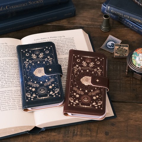 架空の洋書 "月夜の花" 12星座とアンティークフラワーの本 手帳型 スマホケース iPhoneケース 全機種対応 iPhone13 iPhone14