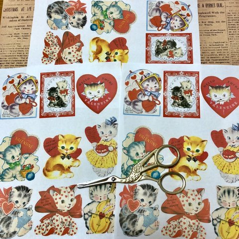 (再販×2)バレンタイン❤️レトロにゃんこ＊ノーカットコラージュ素材＊コラージュペーパー＊紙モノ