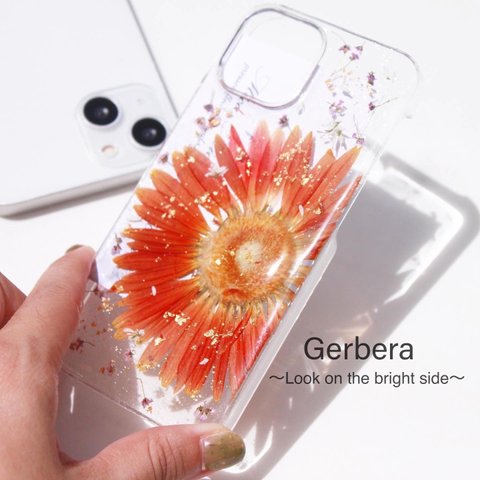 iPhoneケース　スマホケース　クリア　押し花　ガーベラ　オレンジ　全機種対応　iPhone15