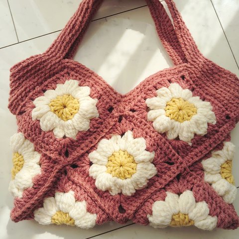 花モチーフ 春バッグ グラニーバッグ ピンク 編み 手編み 編み物