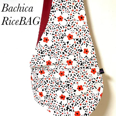 WポケットRiceBAG 小さなお花柄(黒白赤）：内ポケット付き