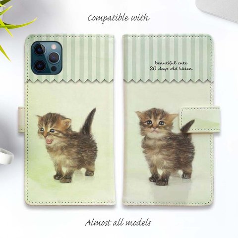 iPhone15/iPhone15Pro/iPhone15Plus/iPhone15ProMax/iPhone14/手帳型ケース 猫 "生後20日の可愛い子猫 イラスト"
