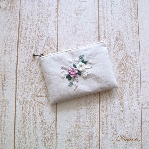 ローズ・フラットポーチ/リボン刺繍/刺しゅう☆h0052-S-PUIV