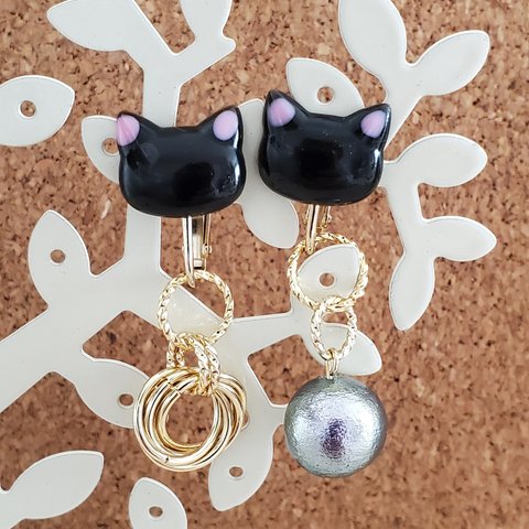 くろねこ フェイス...♪*ﾟ ピアス/イヤリング