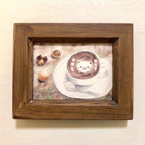 ☕️「カフェラテ」 北欧水彩画イラストミニ額 ぶた  ブタ☕️