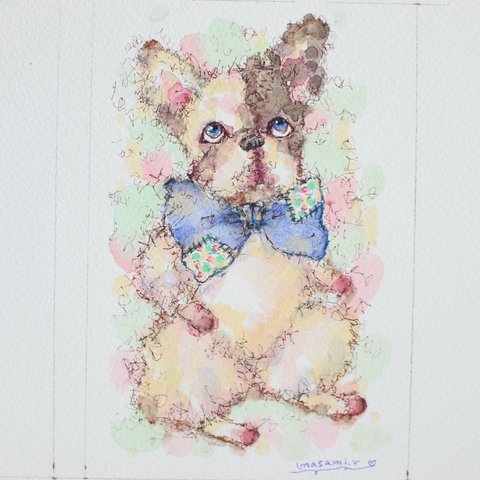 「フレンチブルドック片パイドのぬいぐるみ」  水彩画イラスト 原画 はがきサイズ