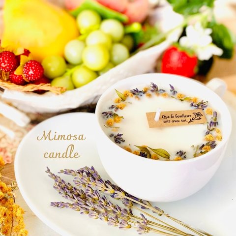 ＊春の訪れティーカップsoy candle＊ミモザ＆ラベンダー 100%ピュア精油