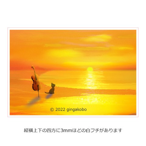 「待つ宵に」　猫　チェロ　夕日　ほっこり癒しのイラストポストカード2枚組No.001