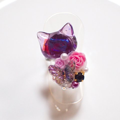 猫のフォークリング 指輪 レジン ビジュー パール 薔薇 紫