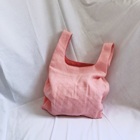 【人気のリネン】リネン　エコバッグ　折りたたみ　リネンバッグ　レジ袋　ピンク×ピンク