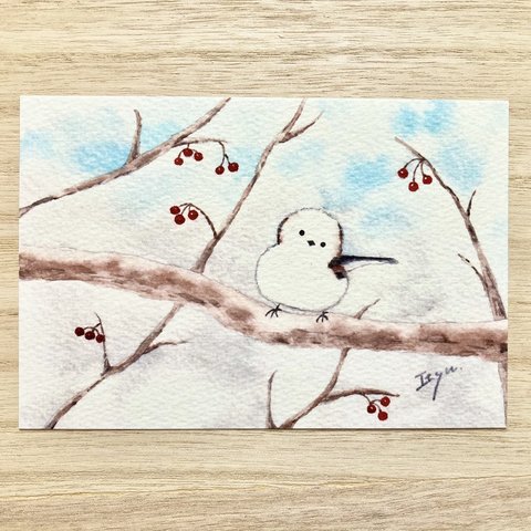 🐤透明水彩画「シマエナガとナナカマドの赤い実」イラストポストカード ２枚セット 　鳥　冬　雪　寒中お見舞い　クリスマス🐤