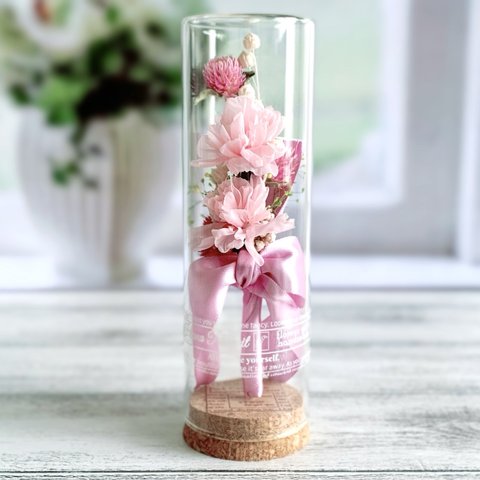 【母の日】ピンクのカーネーションのボトルフラワー / 花言葉入り / 置物 ガラス瓶 コルクボトル お供えにも