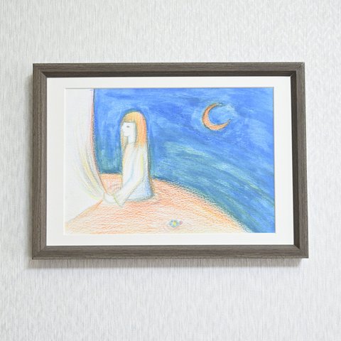『水の惑星のメルヘン（女性と三日月）』　原画　絵　額付　そのまま飾れる　アート　インテリア