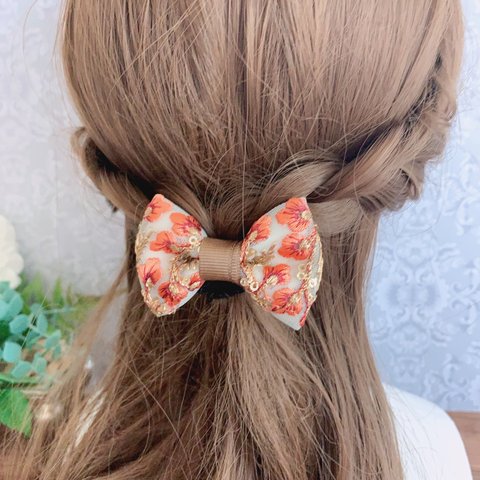 【送料無料】インド刺繍リボン エスニックアクセサリー 大人 バレッタ ポニーフック ヘアゴム やっとこピン オレンジ ブラウン 花柄