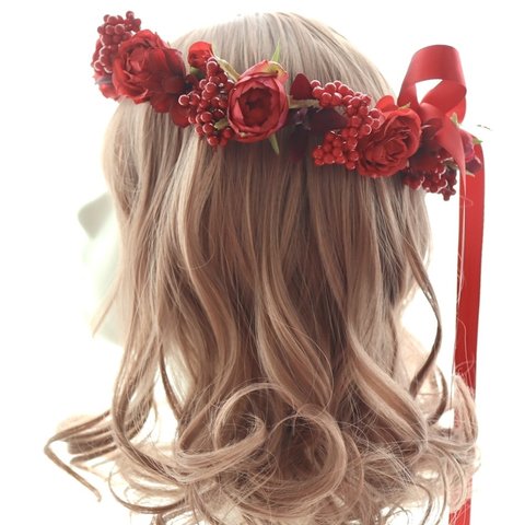 花冠　花かんむり　赤　赤色　還暦　還暦祝い　薔薇　ローズ　ラン　蘭　コスモス　ヘッドドレス　ヘアアクセサリ　結婚式　ウェディング　発表会　パーティー