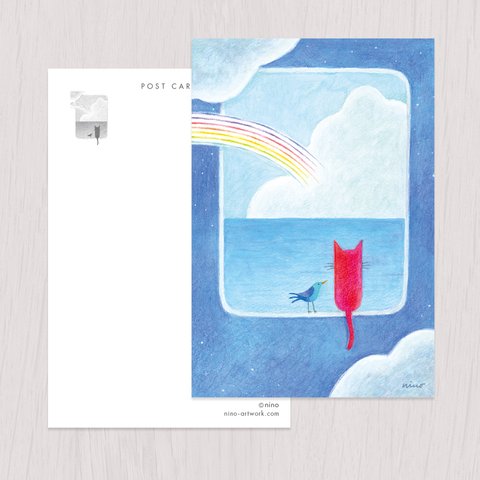 ポストカード2枚セット　赤い猫と青い鳥「ハルとソラ」No.2024-08
