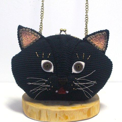 【4月26日販売】おとぼけおとぼけ顔の猫のがま口ショルダーバッグ（ブラック／  チェーン付き）