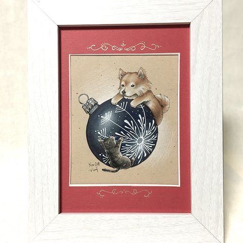 *犬と猫のイラスト* クリスマスオーナメント(青) の原画