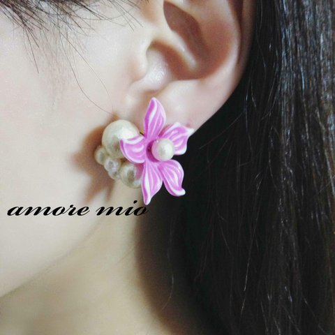 Spring Flower and Pearl Earrings ／ Pink