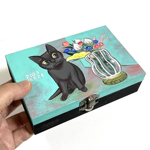 黒猫と花瓶の小物入れ  原画 小物いれ BOX