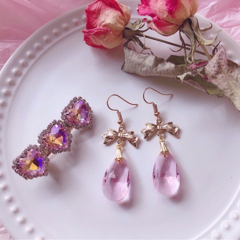 クリスタルリボンピアス＆クリップ♡ピンク