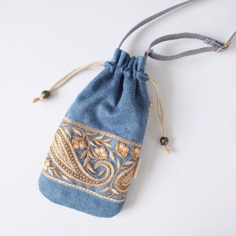 ❲小❳インド刺繍リボンの巾着スマホショルダー【blue×gold】