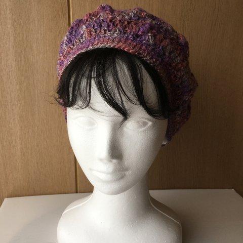 段染めモヘアタムの透かし編みベレー帽