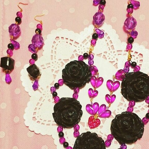 紫×黒のロングピアス【イヤリングに変更可能】