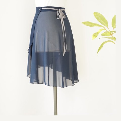 バレエ　☆ジョーゼット生地のウエストで結ぶ巻きスカート☆　エレガントスタイル　色：プルシャンブルー　リボンをお選びください♡