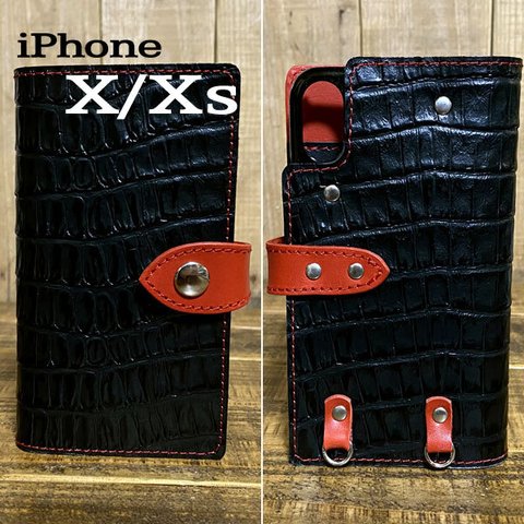 送料無料 手帳型 スマホケース iPhone X XS 用 クロコ型押し 革 スマホショルダー ブラック レッド 赤糸