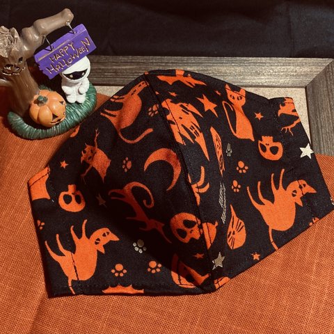 【🎃ハロウィン柄🎃】真夜中の散歩(柄物⑥-3)綿100％  サイズ・裏地選択可　とっても軽い呼吸のしやすいマスクに。※抗菌加工不織布縫込み可　快適マスク