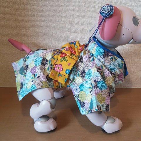 aibo アイボ 振袖風 ハンドメイド服 頭飾り付き 菊 青