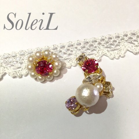 SoleiL☆ローズ×パールピアス＆イヤーカフ